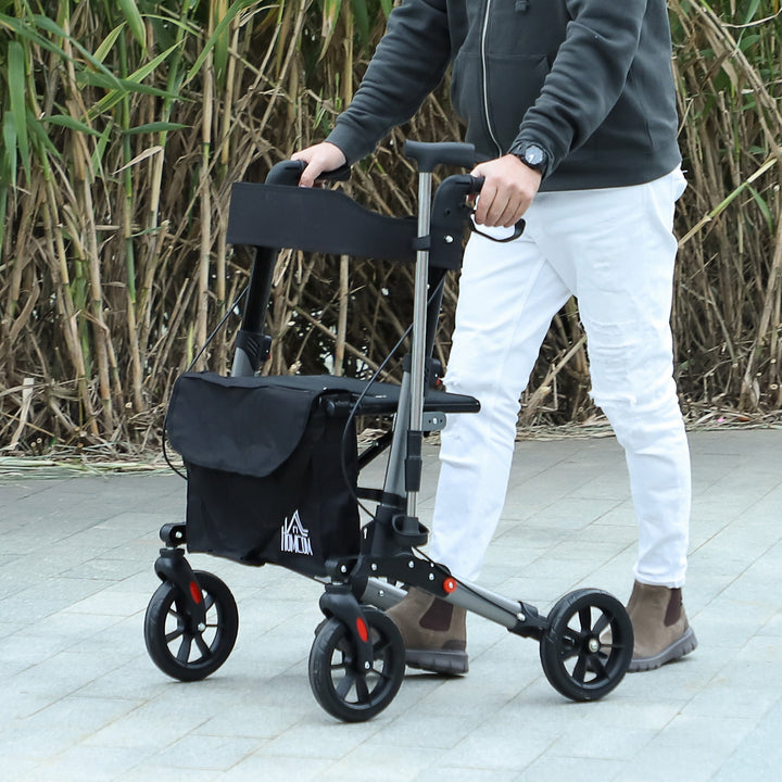 4 Wheel Rollator with Seat and Back, Folding Mobility Walker with Carry Bag, Adjustable Height, Dual Brakes, Cane Holder, Lightweight Aluminium Walking Frame for Seniors and Disabled