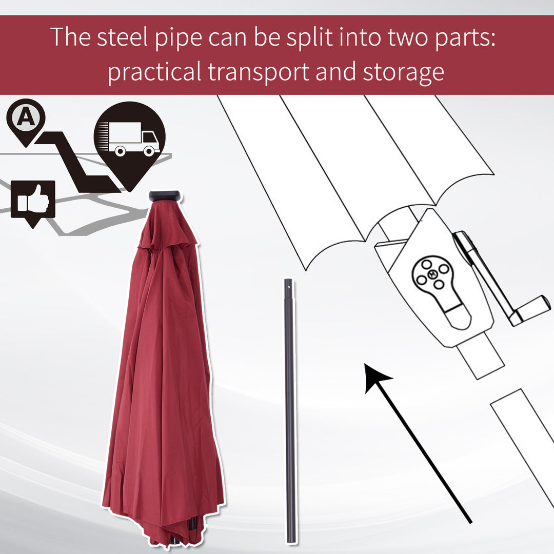 MCL 2.7m Garden 24 LED Light Parasol Solar Outdoor Tilt Sun Umbrella Patio Club Party Event Manual Sun Shade w/ Hand Crank and 8 Ribs, Red