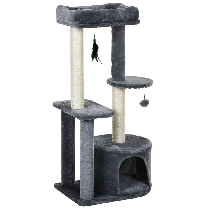 PawHut Cat Tree Tower: Multi-Activity Centre with Perch, House, Scratching Post, Play Ball & Rest Area, Grey & White | Aosom UK