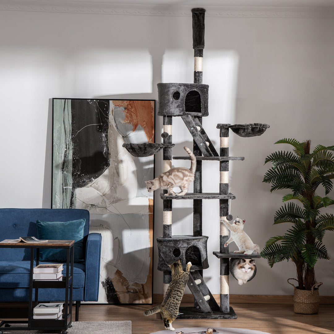 PawHut Cat Tower Floor-to-Ceiling 240-260cm Indoor Cat Tree, Adjustable Cat Post with Condos, Ramps, Hammocks, Toy Balls, Dark Grey | Aosom UK