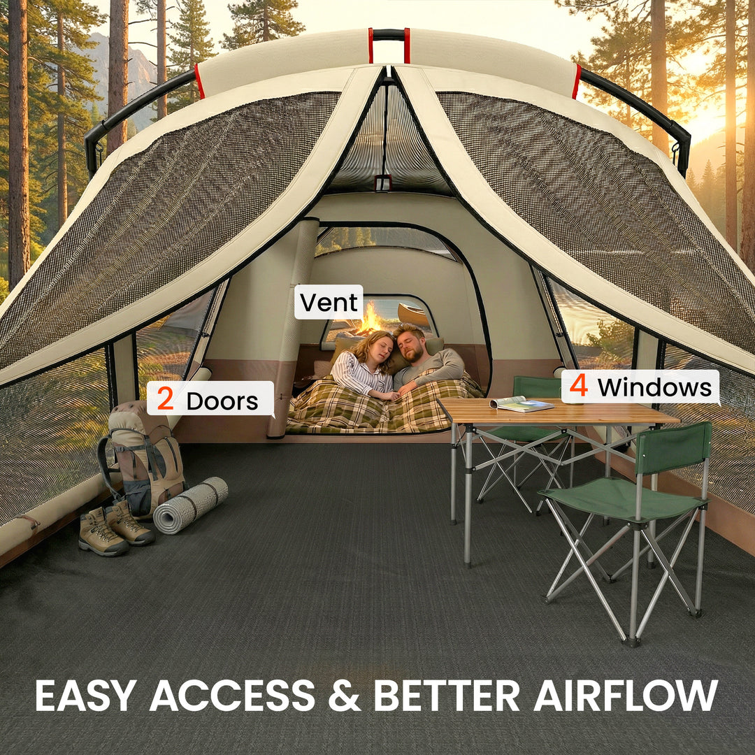Cabin Tent Waterproof Camping Tent with Two Room for 4 Person Brown