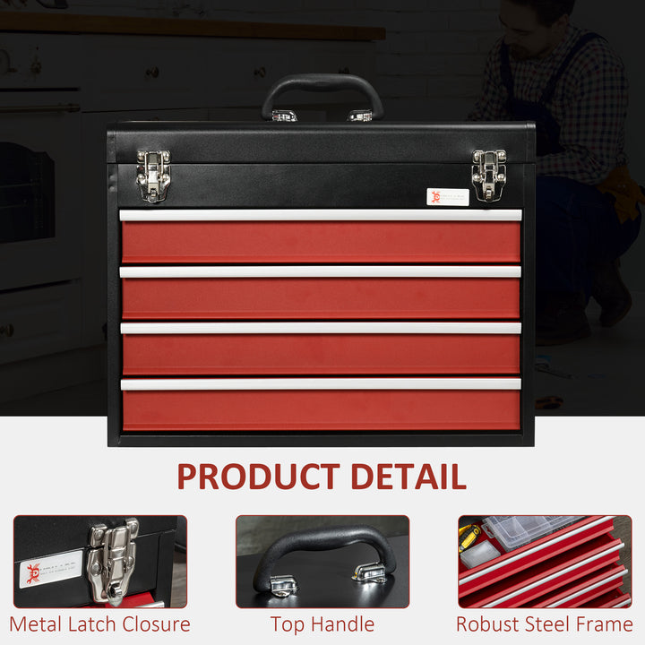 4 Drawer Tool Chest, Lockable Metal Tool Box with Ball Bearing Runners, Portable Toolbox, 510mm x 220mm x 395mm, Black