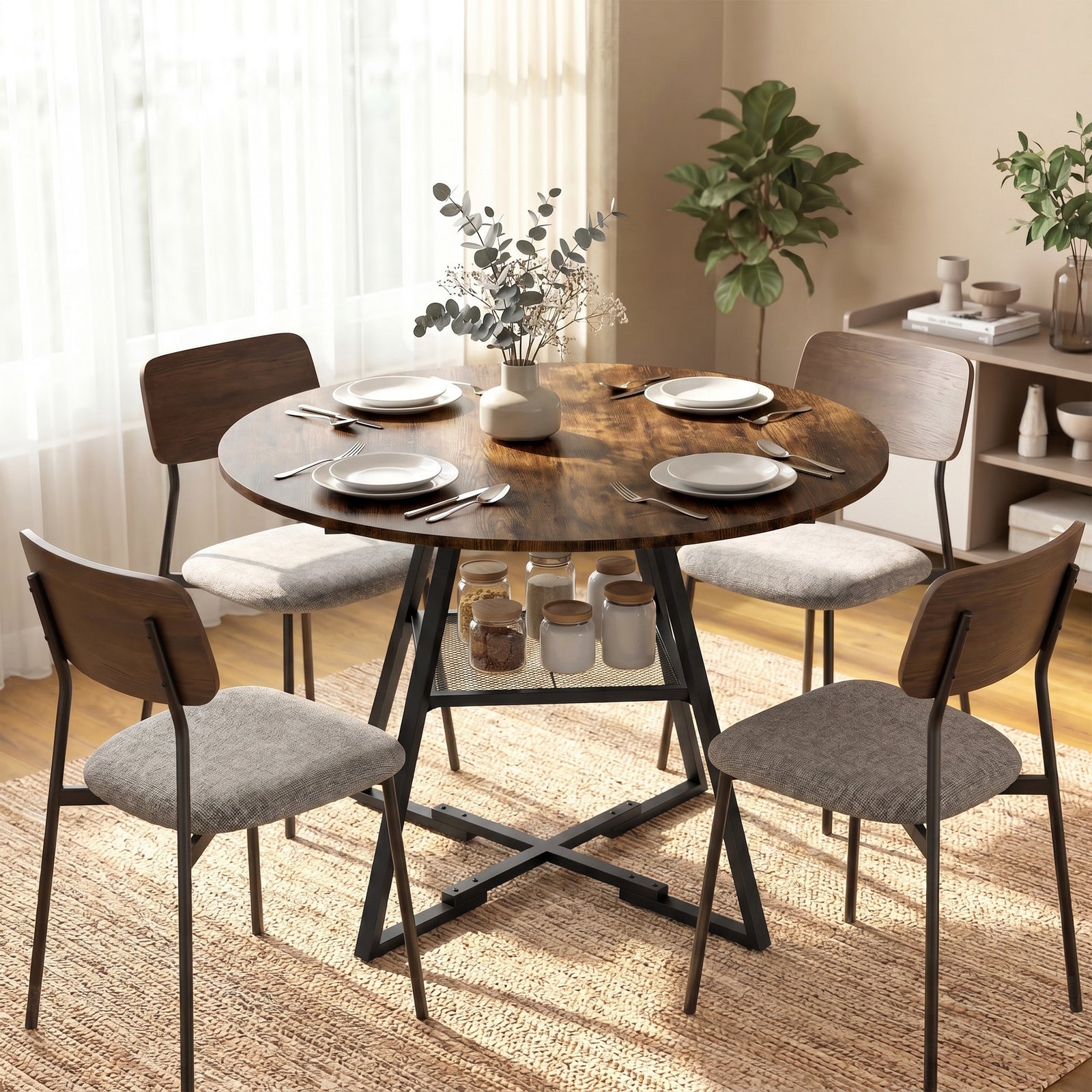 Dining Table for 4 People, 100 cm Round Industrial Kitchen Table with 