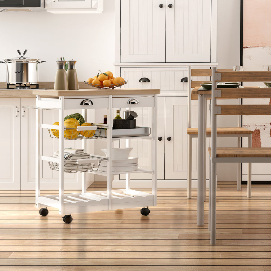 Rolling Kitchen Island Trolley Cart Drawer Shelves Basket Wheels W/ 6 Bottle Wine Rack White