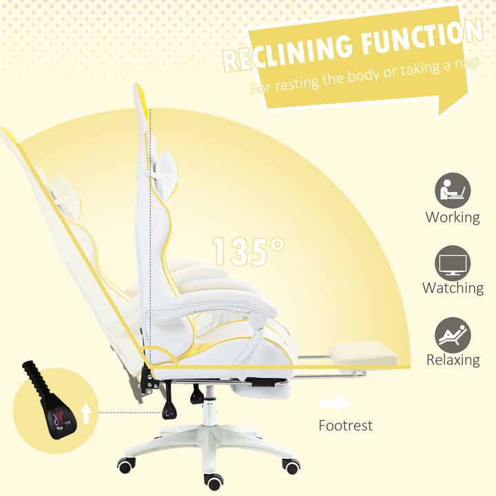 Reclining Racing Gaming Chair with Headrest and Lumber Support, PU Leather Computer Chair with Removable Rabbit Ears, Footrest, Yellow