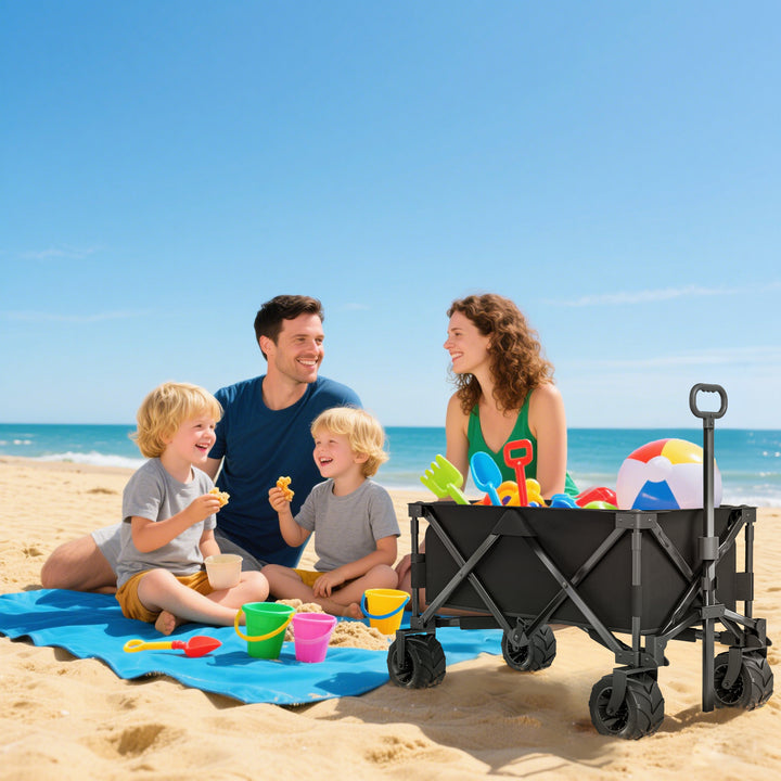 Outdoor Folding Garden Trolley on Wheels, Capming Cargo Wagon Cart Trailer w/ Handle, Wheels for Beach Garden, Black