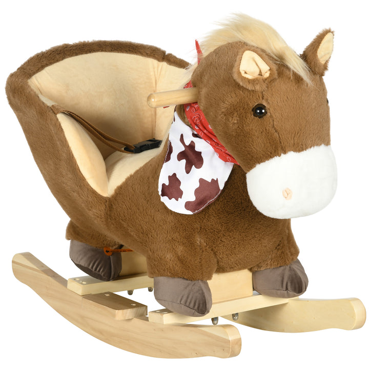 HOMCOM Kids Rocking Horse, Plush Baby Rocking Chair with Safety Harness, Realistic Sound, Foot Pedals, for Toddler Aged 18-36 Months, Brown