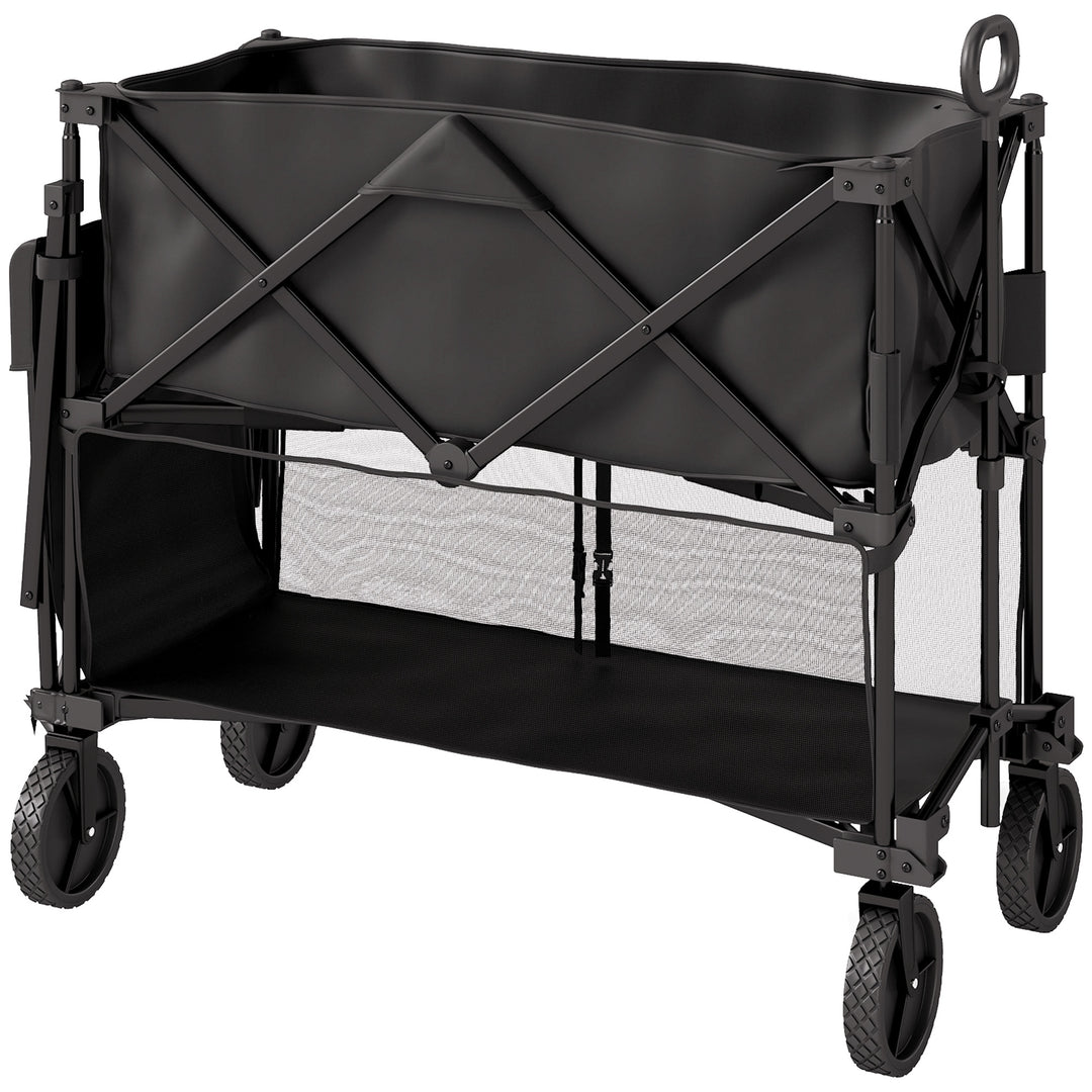 Double Decker Folding Festival Trolley on Wheels, 200KG & 350L Capacity Collapsible Wagon Festival Trolley Cart with 134cm Extended for Camping Sports Shopping Garden and Beach, Black