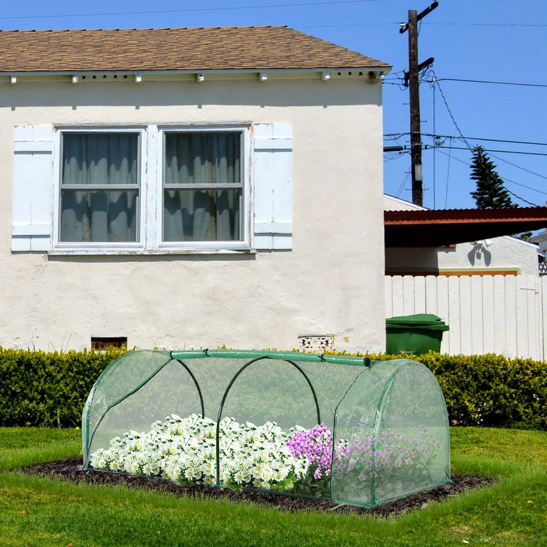 Outsunny Tunnel Greenhouse, Steel Frame Outdoor Grow House with PE Cover, Roll-up Door, Green, 200x100x80cm | Aosom UK