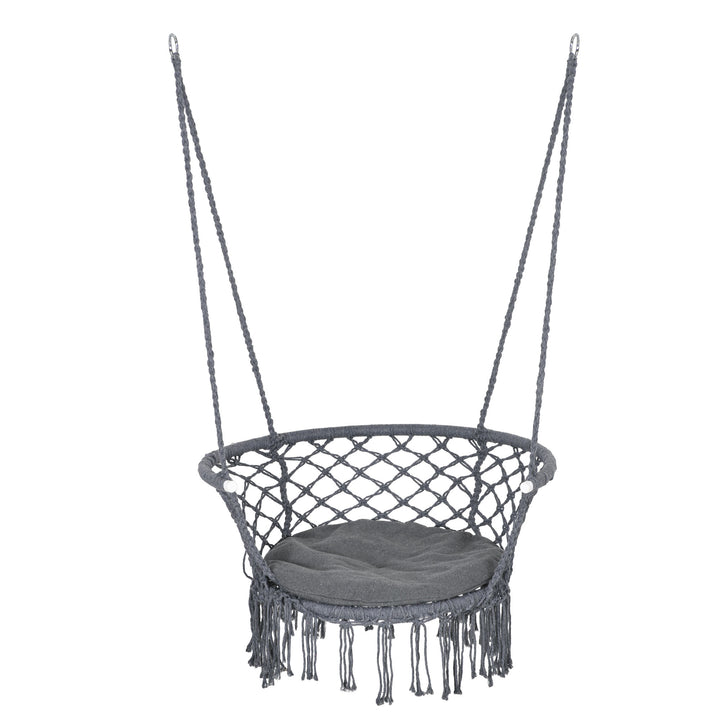 MCL Outdoor Hanging Rope Chair with Cotton Rope, Cotton-Polyester Blend Macrame Garden Hammock Chair with Seat Cushion, Support Backrest, for Patio, Garden, Porch, Dark Grey