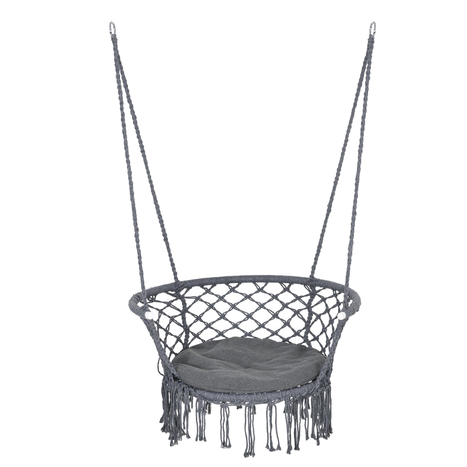 Outdoor Hanging Rope Chair with Cotton Rope, Cotton-Polyester Blend Macrame Garden Hammock Chair with Seat Cushion, Support Backrest, for Patio, Garden, Porch, Dark Grey