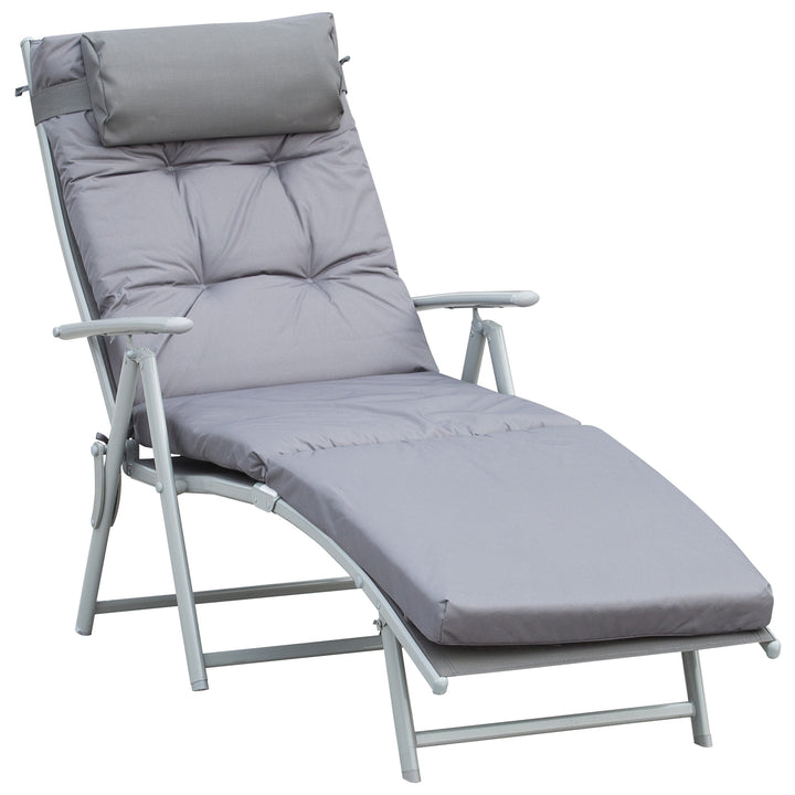 Outsunny Outdoor Patio Sun Lounger Garden Texteline Foldable Reclining Chair Pillow Adjustable Recliner with Cushion - Grey | Aosom UK