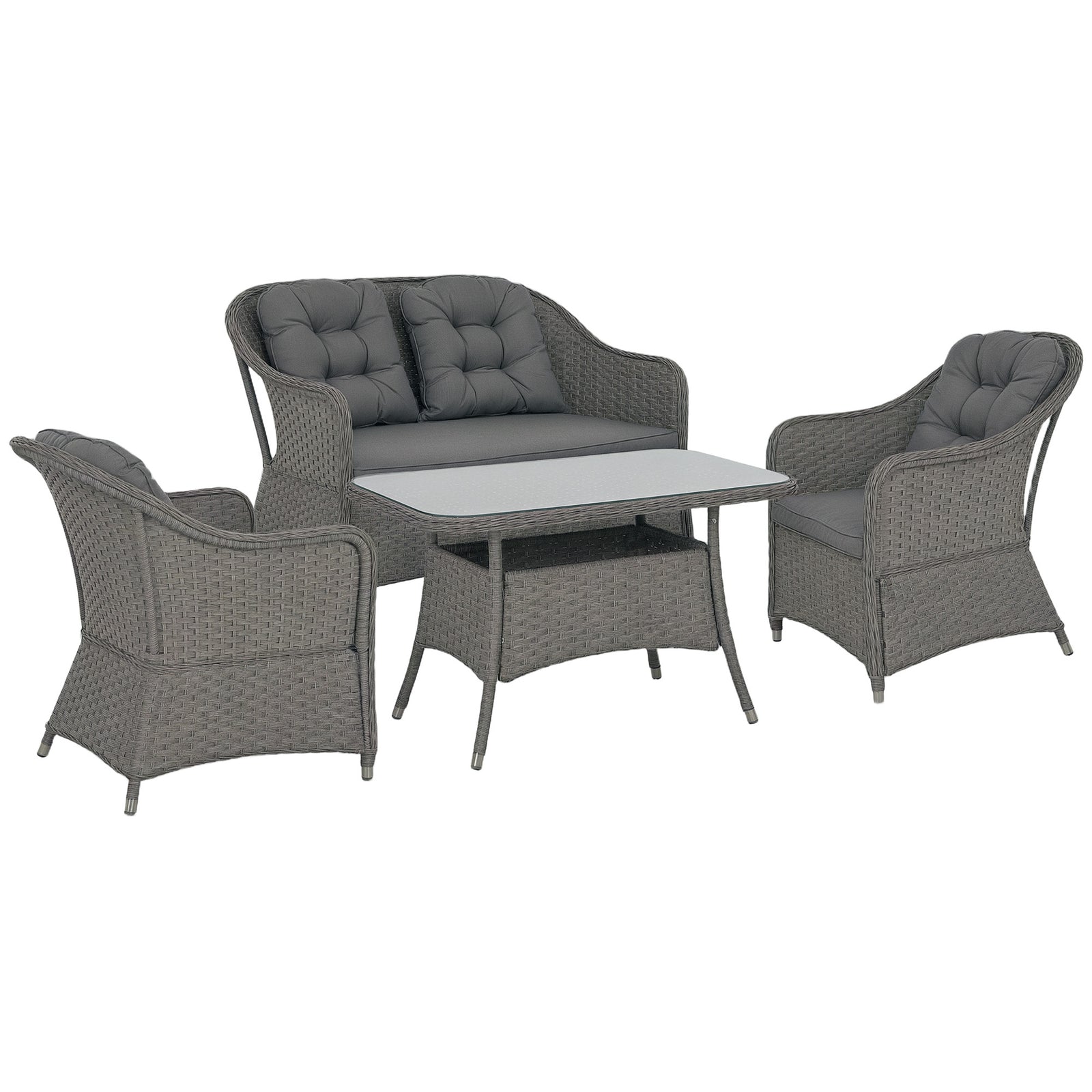 Four-Piece Rattan Set, with Glass-Top Table - Light Grey
