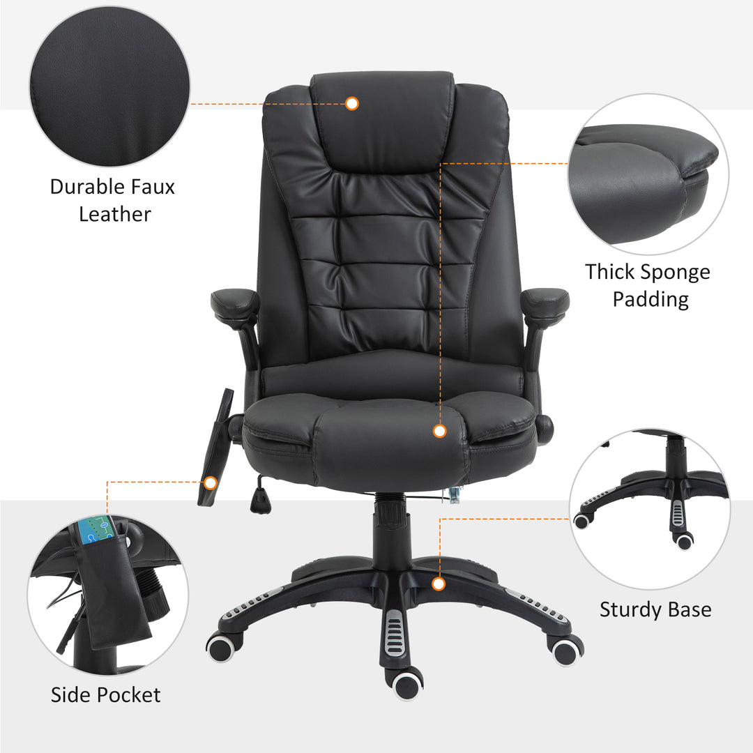 6-Point Massage Office Chair with Seat Heated for Home Office, PU Leather High Back Executive Desk Chair with Adjustable Height and 360° Swivel for Work Study, Black
