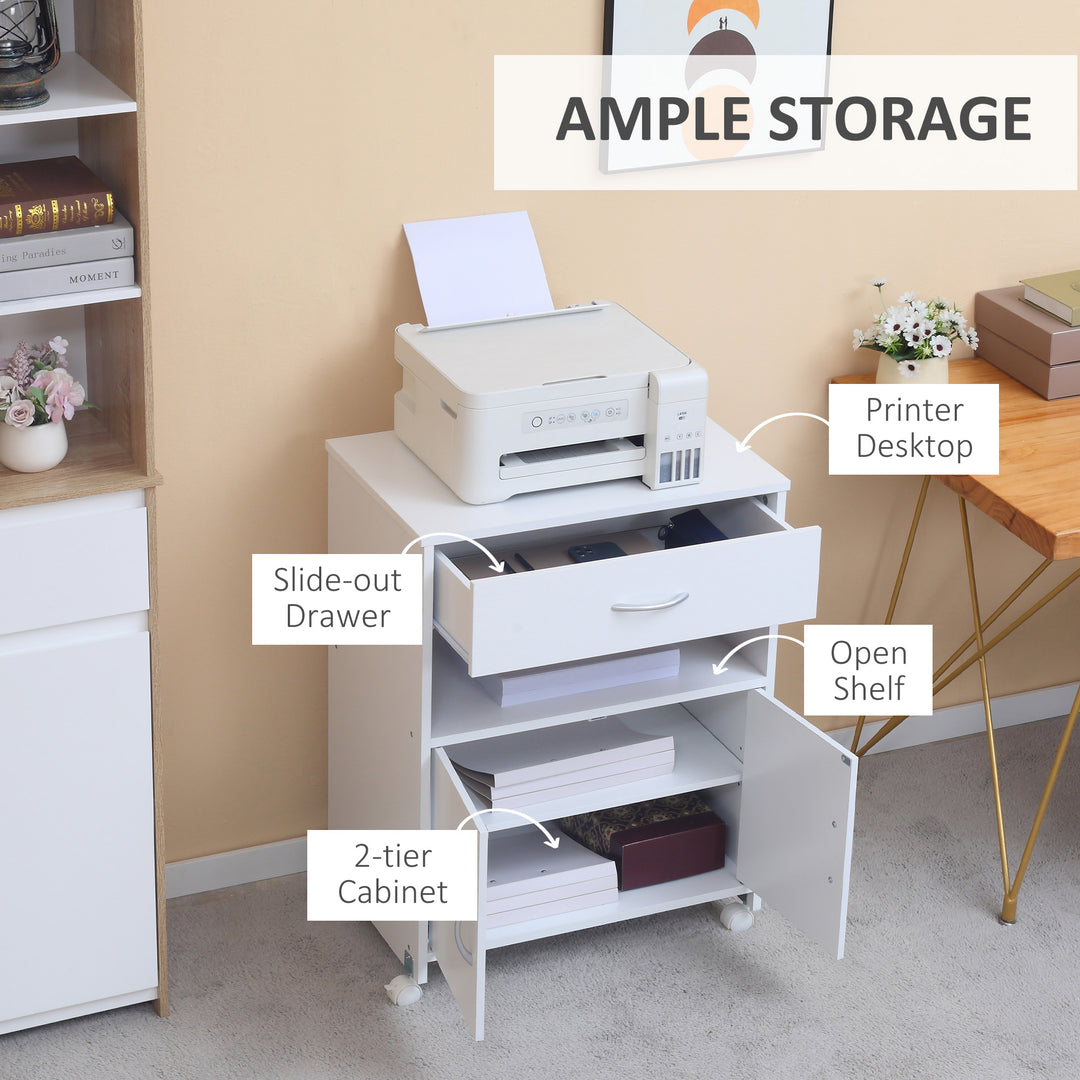 MCL Printer Stand Mobile Printer Cabinet with Storage, Open Shelf, Drawer for Home Office, 60cm x 39cm x 80cm, White