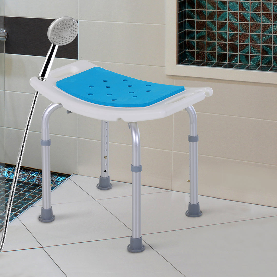 HOMCOM 6-Level Height Adjustable Aluminium Bath Room Stool Chair Shower Non-Slip Design w/ Padded Seat Drainiage Holes Foot Pad - Blue | Aosom UK