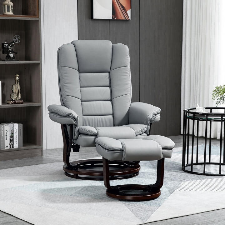 HOMCOM Recliner Chair With footstool, Recliner Armchair up to 130kg Weight Capacity, 135° Reclining Swivel Sofa Chair, PU Leather Ergonomic Couch Bed with Swivel Wood Base for Living Room, Grey