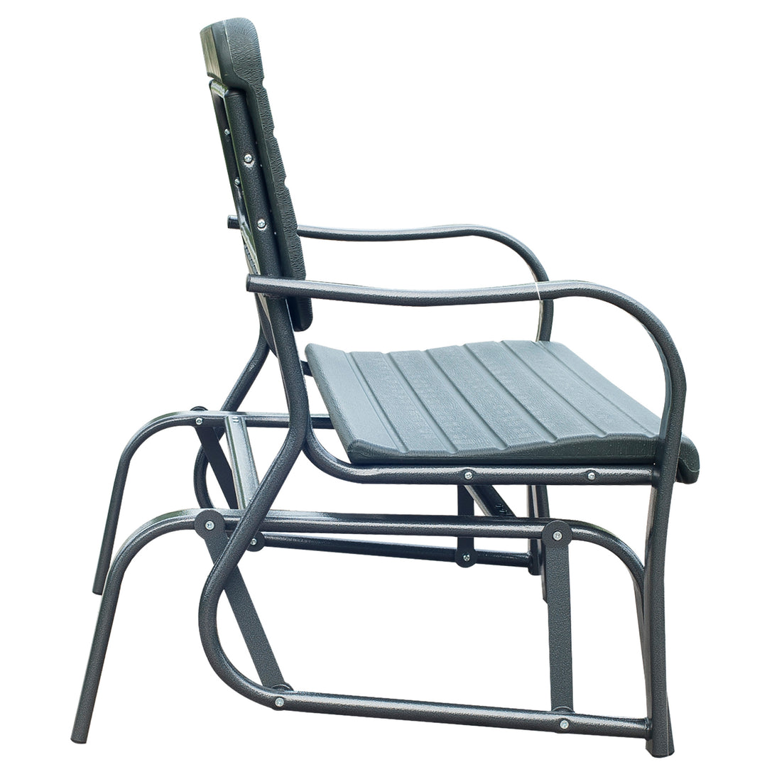 2 Seats Garden Glider Bench, Metal Frame and HDPE Swing Loveseat, Porch Rocking Glider for 2 Person with High Back and Armrest, Dark Green