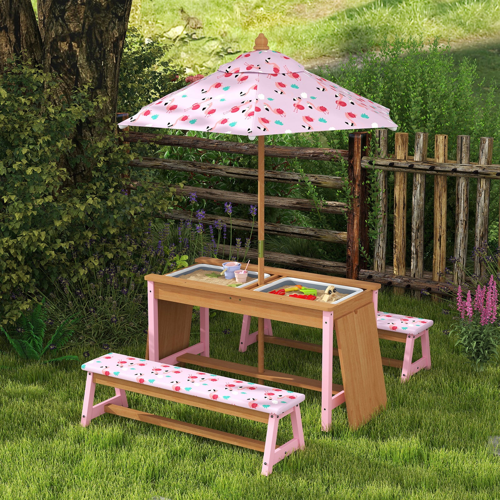 AIYAPLAY Kids Picnic Table Set with Removable & Foldable Umbrella, Cushions, Storage Boxes, Flamingo Theme, Pink