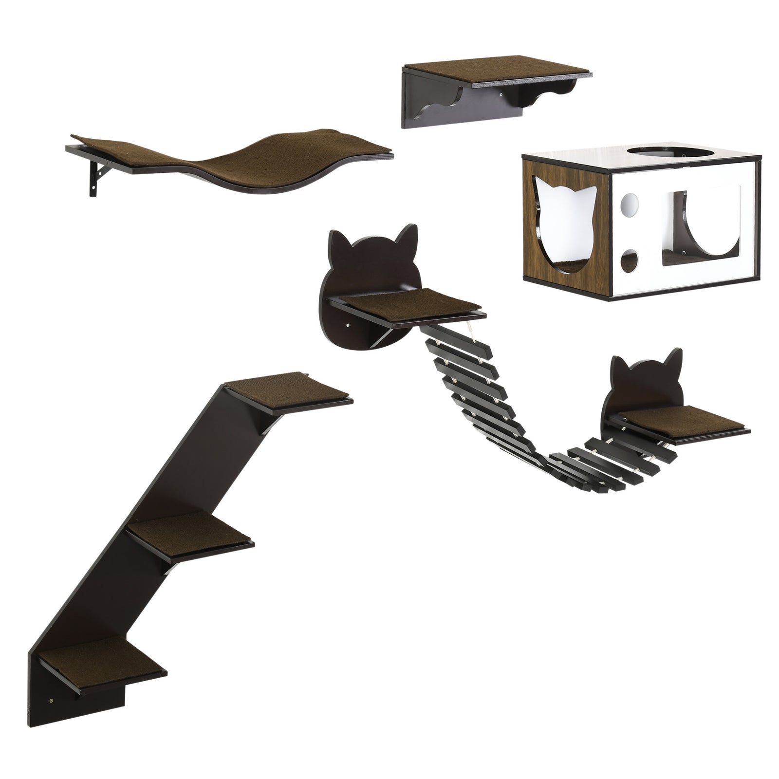 5 Piece Cat Wall Shelves, Wall-Mounted Cat Tree for Indoor Use - Brown