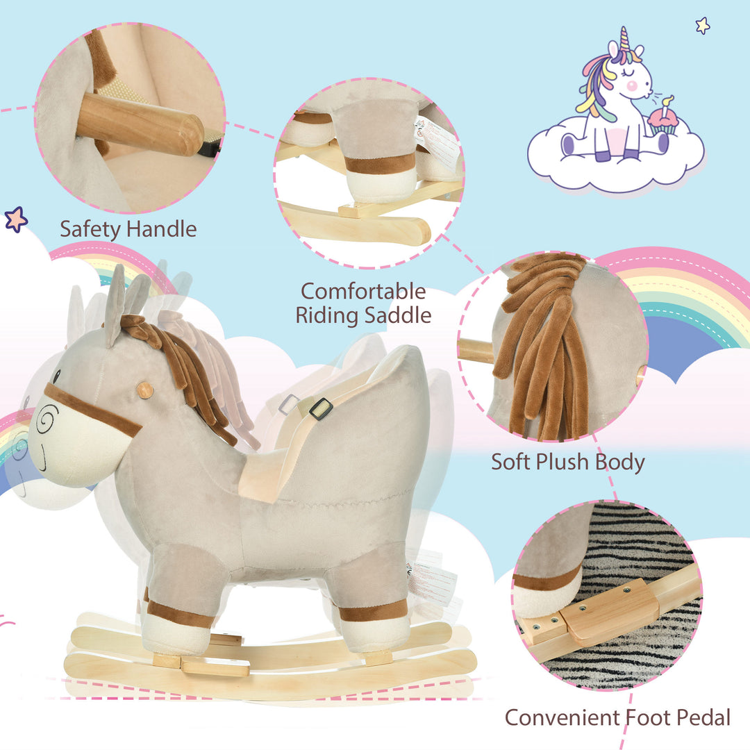 Kids Children Rocking Horse Plush Ride On Donkey Seat w/ Sound Wood Base Seat Safety Belt Toddler Baby Toy Rocker Grey 18 - 36 Months