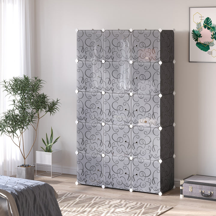 Portable Wardrobe for Bedroom, 15 Cube Closet with Hanging Rail, Modular Storage Cabinet, Plastic Armoire for Space Saving, White and Black