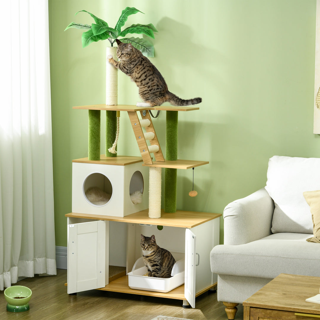 PawHut Cat Tree w/ Hidden Litter Box Enclosure, 2 in 1 Green Leaf Cat Tower Litter Box Furniture w/ House, Ladder, Scratching Posts | Aosom UK