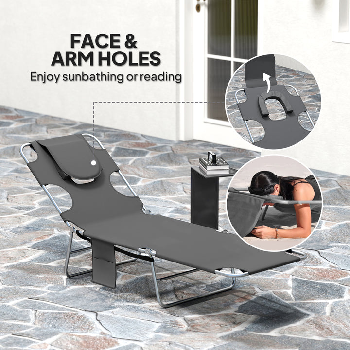 Foldable Sun Lounger Set of 2, Beach Chaise Lounge with Reading Hole, Arm Slots, 5-Position Adjustable Backrest, Side Pocket, Pillow for Garden, Beach, Pool, Dark Grey