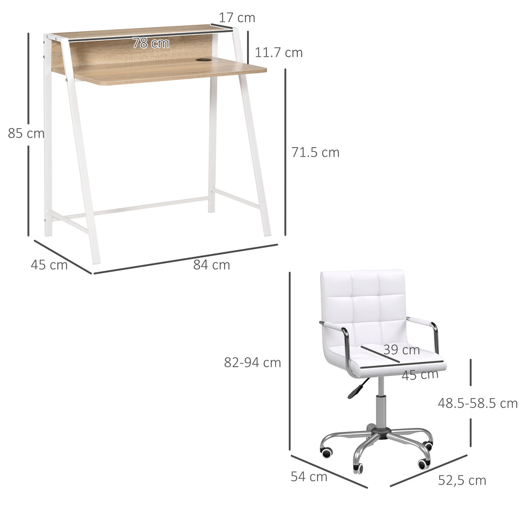 HOMCOM Office Chair and Desk Set, Faux Leather Swivel Chair, Study Desk with Storage Shelf, White. | Aosom UK