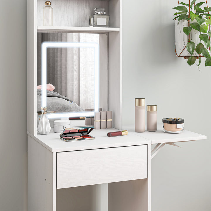 Small Vanity Desk with Mirror and LED Lights, Compact Dressing Table with Drop Leaf, Open Shelves and Drawer, White