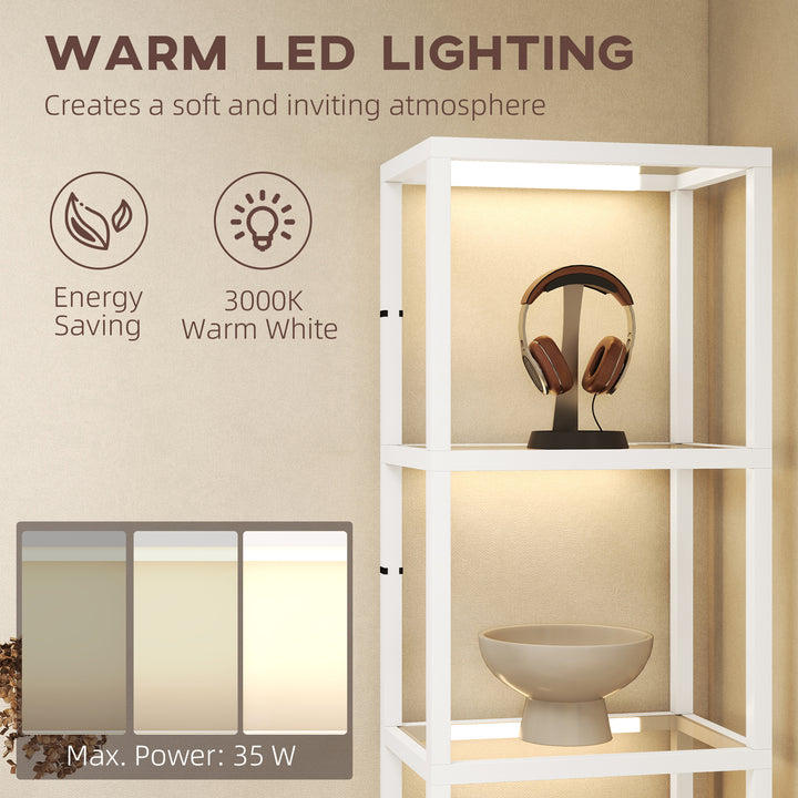 LED Floor Lamp with Glass Shelves, 4 Layers Dimmable Tall Standing Lamp, Modern Column Shelf Floor Light for Living Room, Bedroom, Office, White