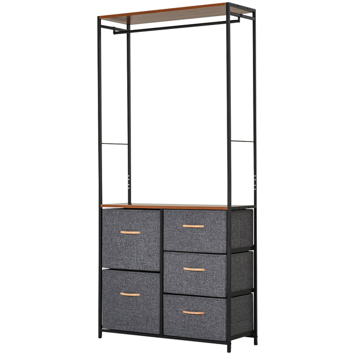 HOMCOM Wardrobe Dresser: Steel-Framed Storage with 5 Drawers, Coat Rack for Bedroom & Hallway, Black/Brown | Aosom UK