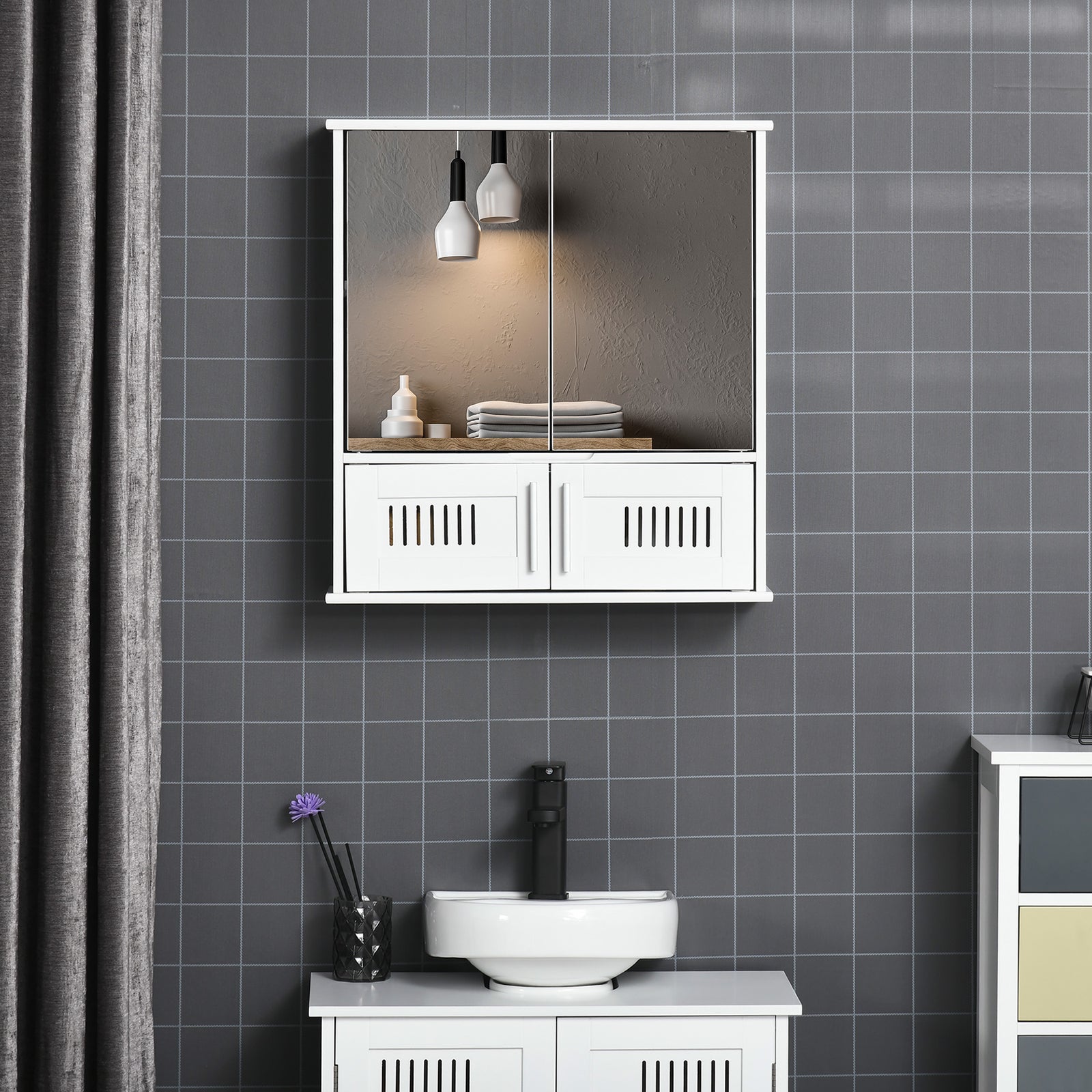 Bathroom Mirror Cabinet, Wall Mounted Storage Cupboard with Double Doors and Adjustable Shelf, Bathroom Organizer, White