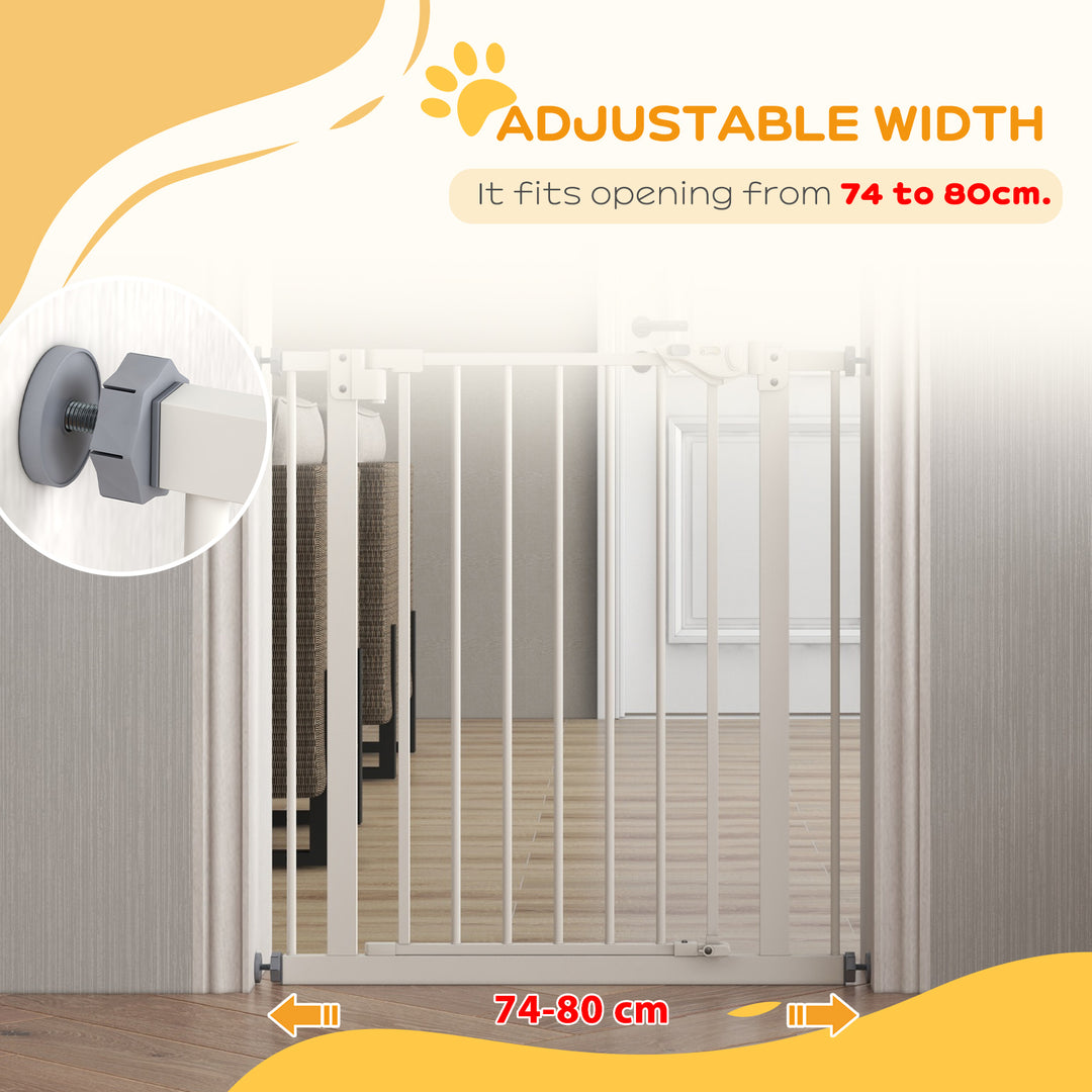 PawHut Adjustable Pet Gate: Metal Safety Barrier for Dogs, 74-80cm Width, Easy Installation, White | Aosom UK