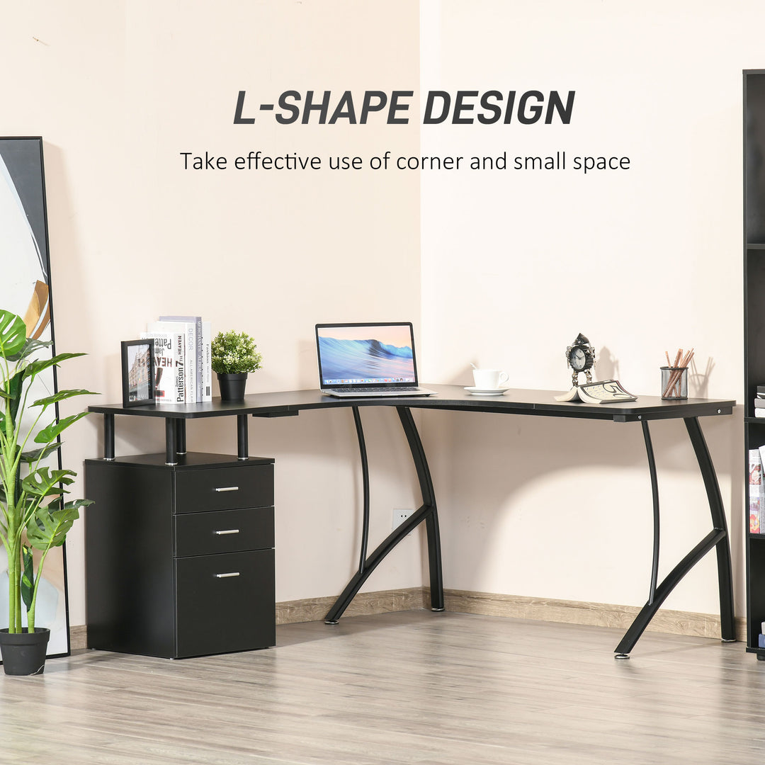 L-Shaped Computer Desk Table with Storage Drawer, Home Office Desk Corner Industrial Style Workstation for A4 Files 143.5 x 143.5 x 76cm, Black