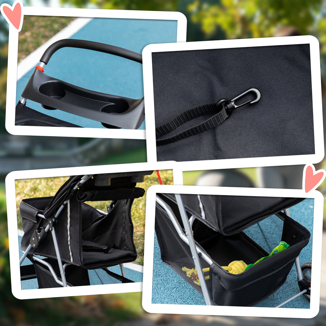 Pet Stroller for Small Miniature Dogs Cats Foldable Travel Carriage with Wheels Zipper Entry Cup Holder Storage Basket Black