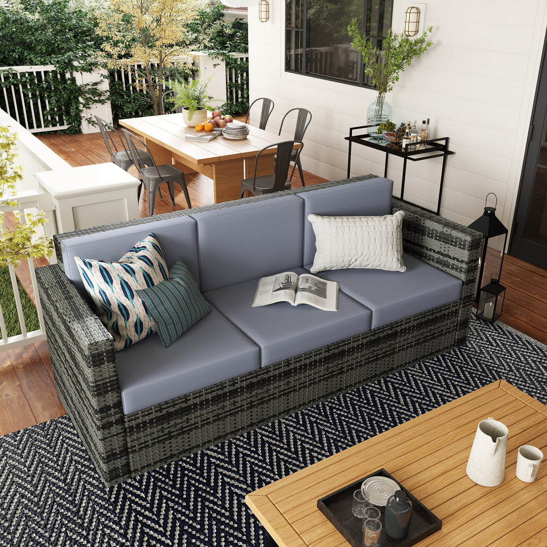 3 Seater All Weather Outdoor Sofa, Garden Rattan Sofa with Cushions and Mental Frame, Grey