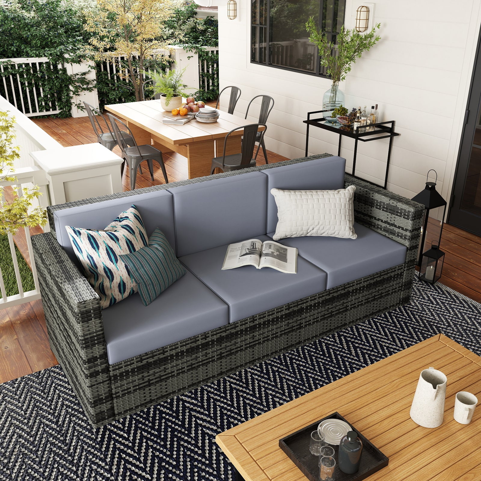3 Seater All Weather Outdoor Sofa, Garden Rattan Sofa with Cushions and Mental Frame, Grey