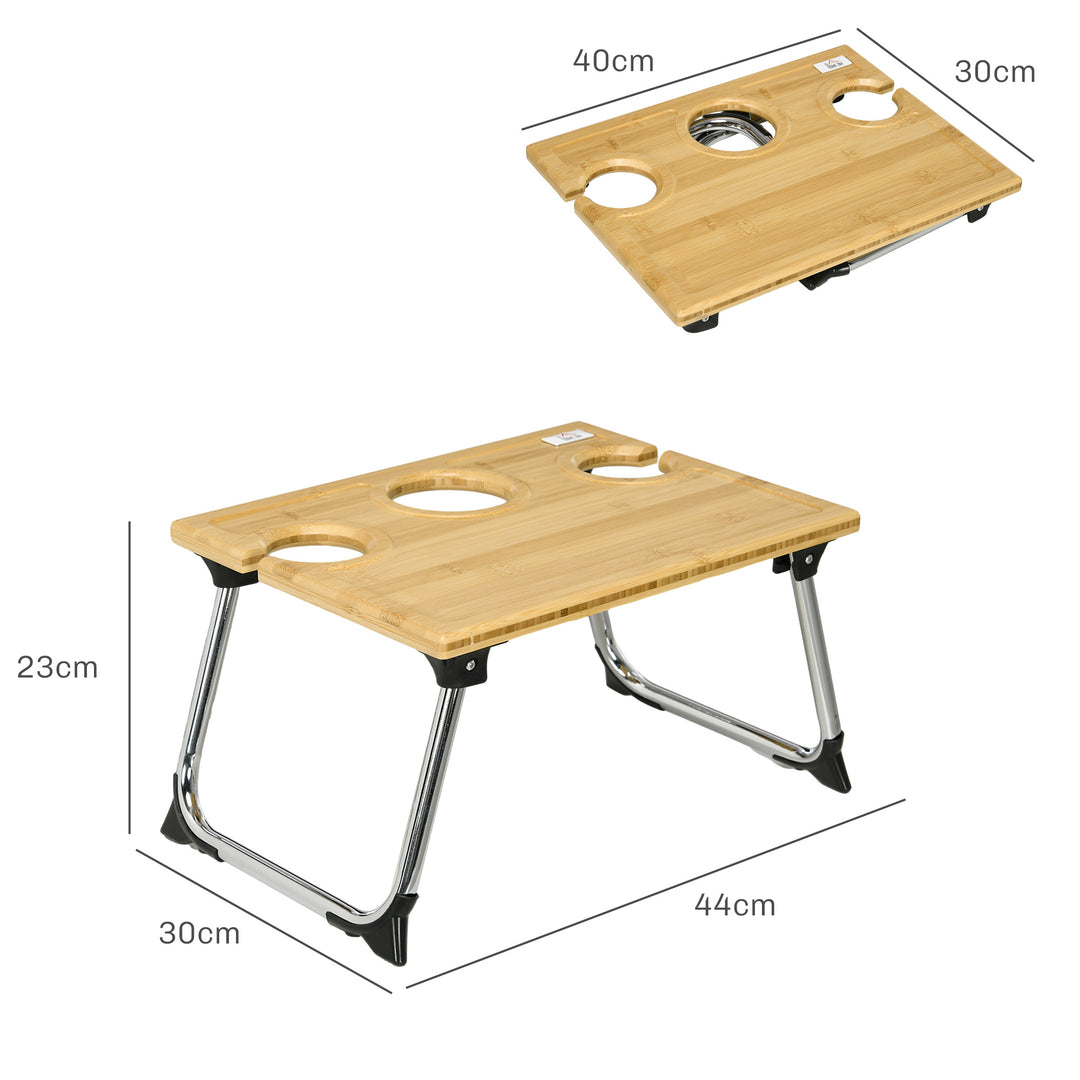 HOMCOM Foldable Wine Picnic Table, Portable Wine Table w/ Bottle Holder & 2 Glass Holders, Folding Bamboo Outdoor Beach Table w/ Steel Legs | Aosom UK