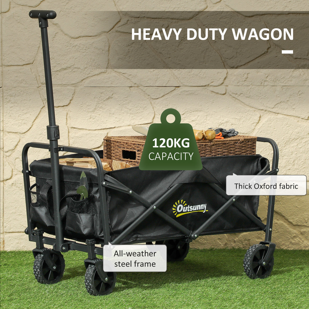 62L Festival Trolley on Wheels, Garden Folding Trolley Cart, 120kg Heavy Duty Collapsible Folding Wagon with Adjustable Handle and Carrying Bag for Beach, Camping, Festival, Black