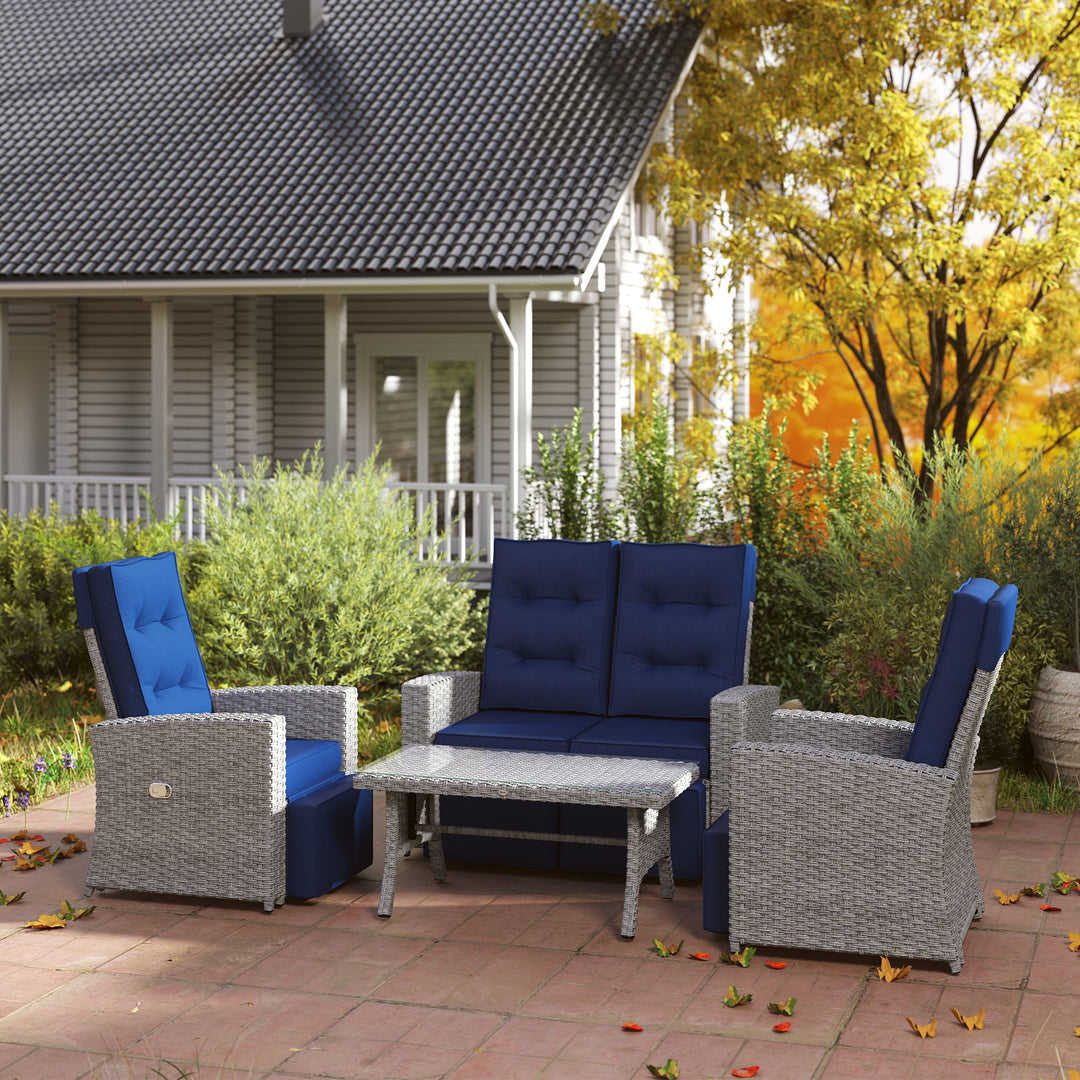 4 Piece Rattan Garden Furniture Set Outdoor Sofa Sectional Set with Glass Top Table for Poolside, Navy Blue