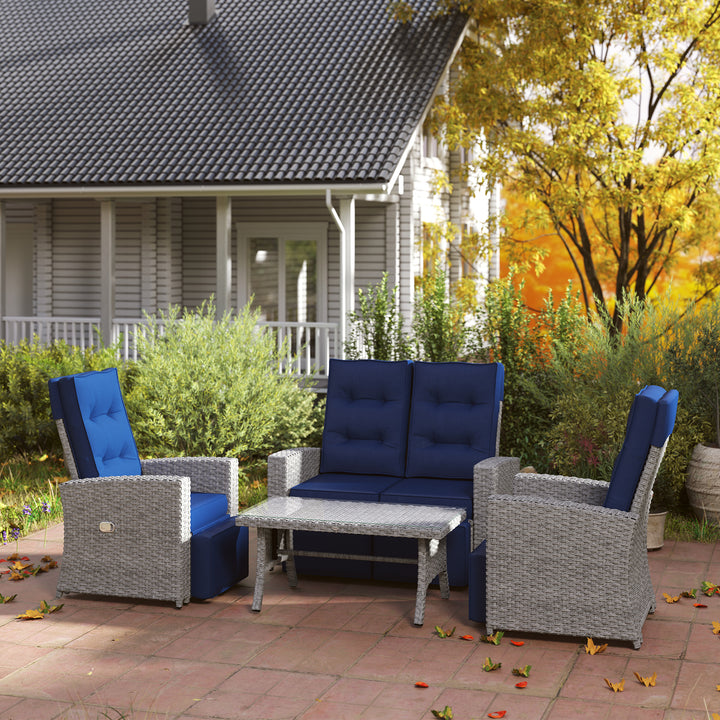 4 Piece Rattan Garden Furniture Set Outdoor Sofa Sectional Set with Glass Top Table for Poolside, Navy Blue