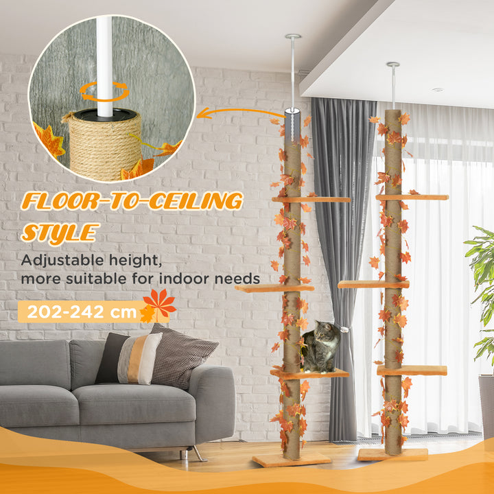 242cm Adjustable Floor-To-Ceiling Cat Tree, with Artificial Decoration, Perches, Anti-Slip Kit - Orange