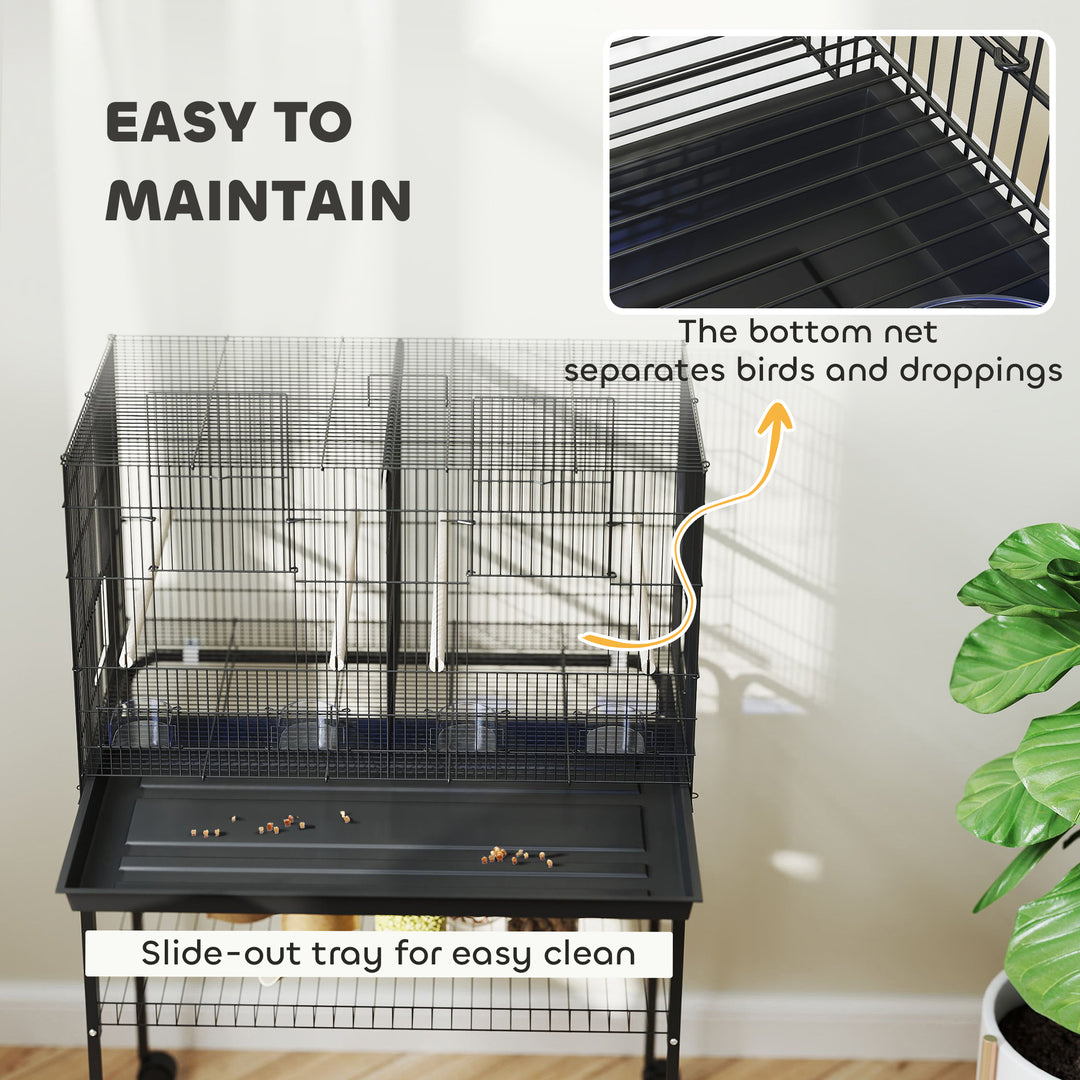 Bird Cage with Divider, 4 Wooden Perches, Slide Out Tray, 4 Feeders, for Budgie, Lovebird, Canary, 76 x 46 x 116cm Black