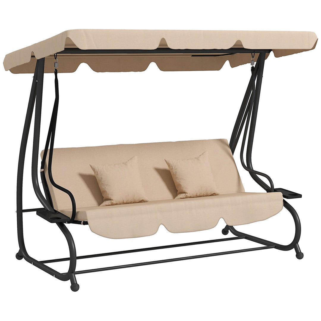 Three-Person garden Swing Chair, with Adjustable Canopy - Light Brown