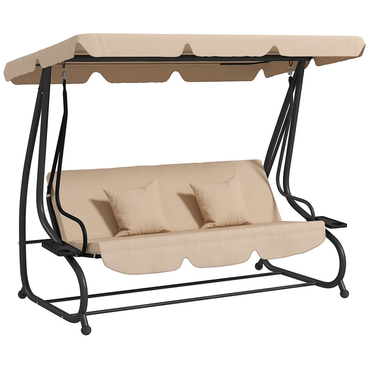 Three-Person garden Swing Chair, with Adjustable Canopy - Light Brown