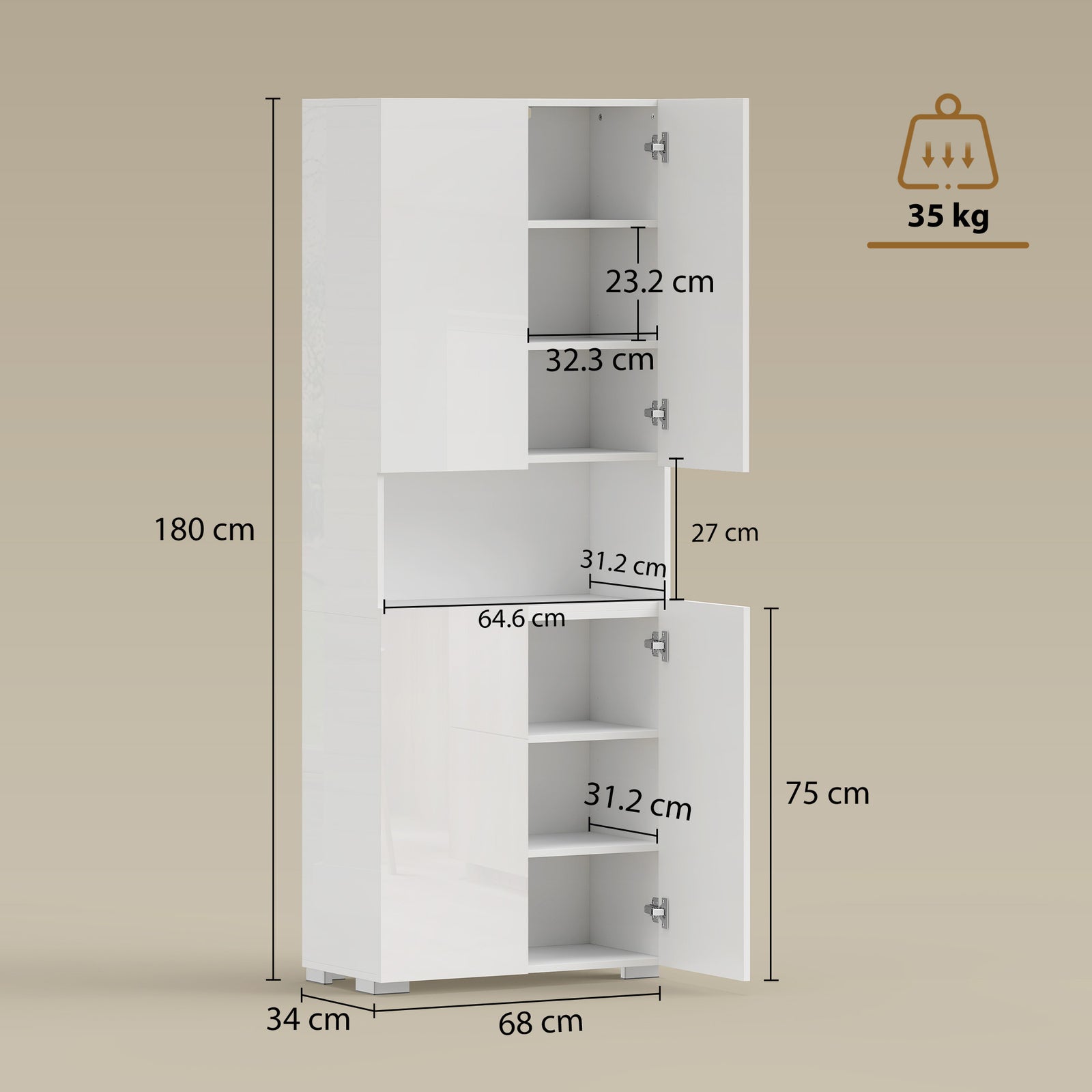 180 cm Tall Kitchen Cupboard, Pantry Storage Cabinet with Soft Close D