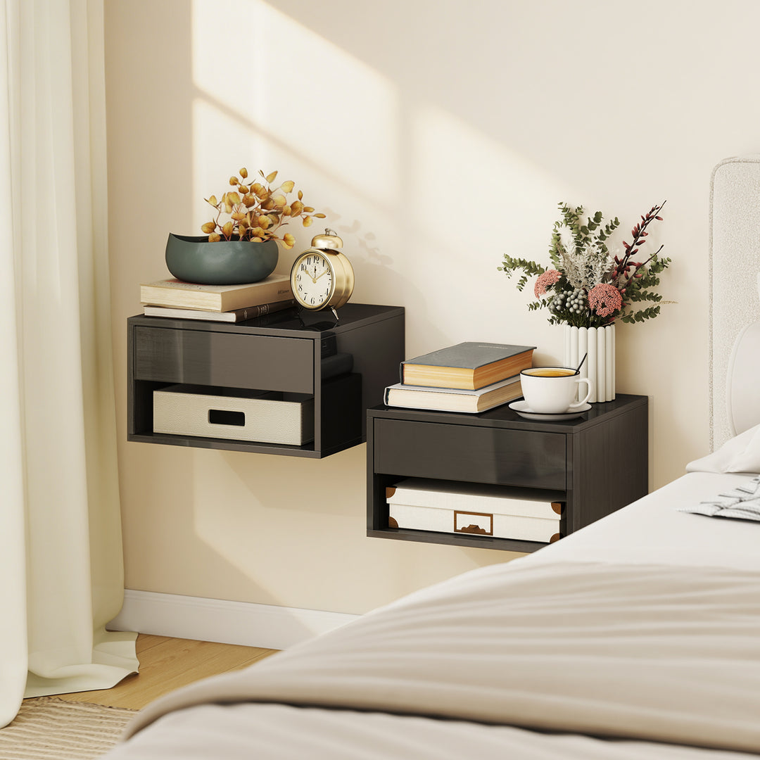 Floating Bedside Tables Set of 2, Wall Mounted Nightstand, High Gloss 