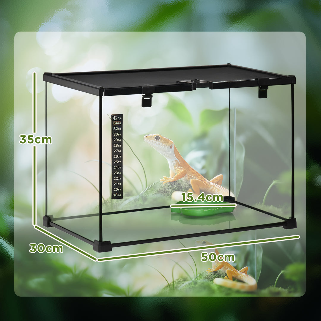 Glass Reptile Terrarium Insect Breeding Tank Vivarium Habitats with Thermometer for Lizards, Horned Frogs, Snakes, Spiders - Large 50 x 30 x 35cm