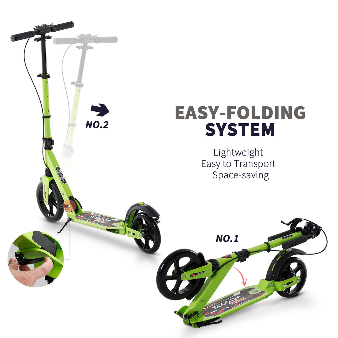 Kick Scooter, Folding 2 Wheel Scooter for 14+ Teens Adults, with Dual Brake System, Dual Suspension, 230mm Big Wheels, 3 Adjustable Handlebar, up to 100KG, Green